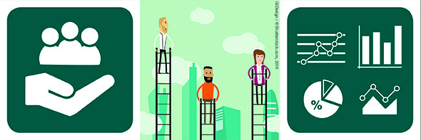 Composite image: FRA icon of community assistance; Illustration of 3 people on ladders of different heights; charts and graphs