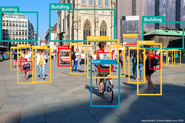 Image of a city center with application detecting and framing different objects in picture.