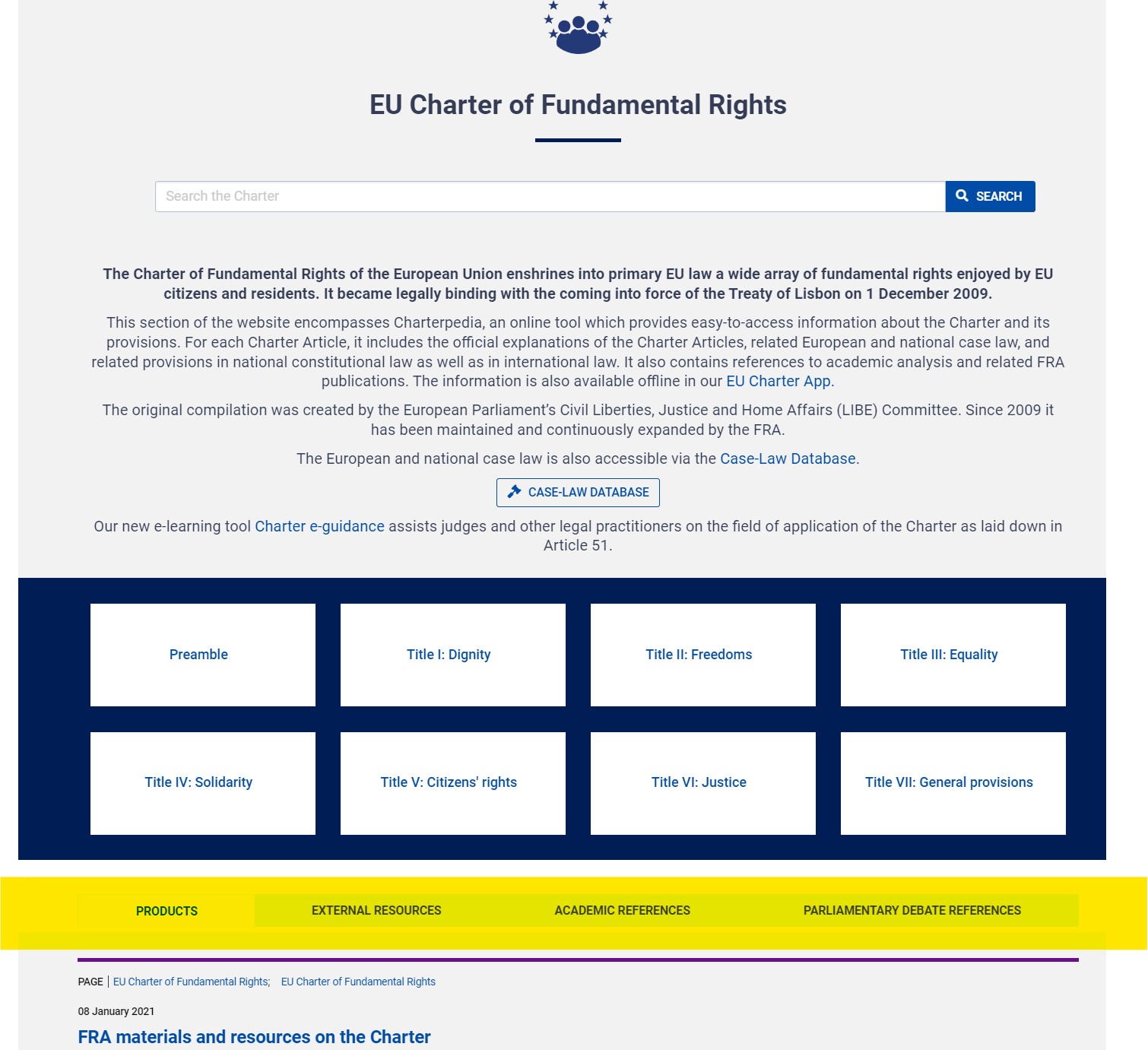 Screenshot of Charterpedia information at the Charter level