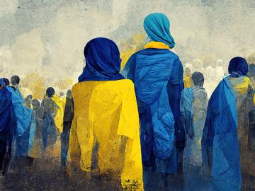 People in Ukrainin colours fleeing war with Russia in search of rights and freedom