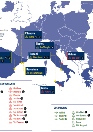 Map showing status of search and rescue ships and aircraft in Mediterranean as of end-June 2023