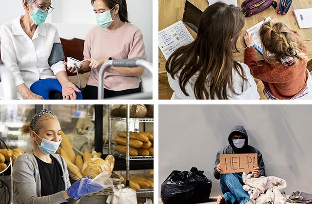 Old woman being treated, home schooling, woman with mask serving in a shop, homeless man