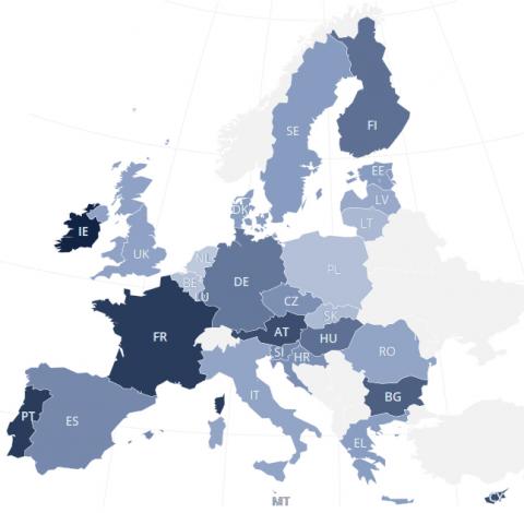 In the past 12 months have you ever felt discriminated against because of skin colour / ethnic origin / religion in 10 areas of life? visualisation : EU map All, All, Yes - EUMIDIS