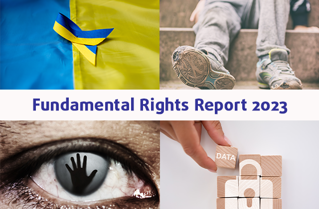 Fundamental Rights Report 2023 - Ukraine flag, data protection, eyeball with hand and child in poverty