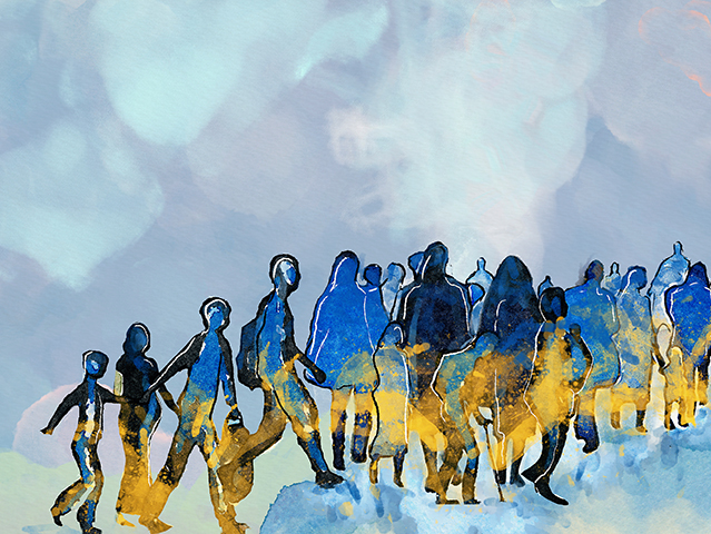 Watercolor of people fleeing Ukraine