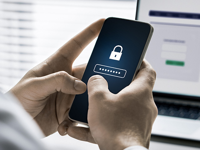 Password in phone for security and privacy. Mobile lock for safety to protect data in bank from scam or fraud.