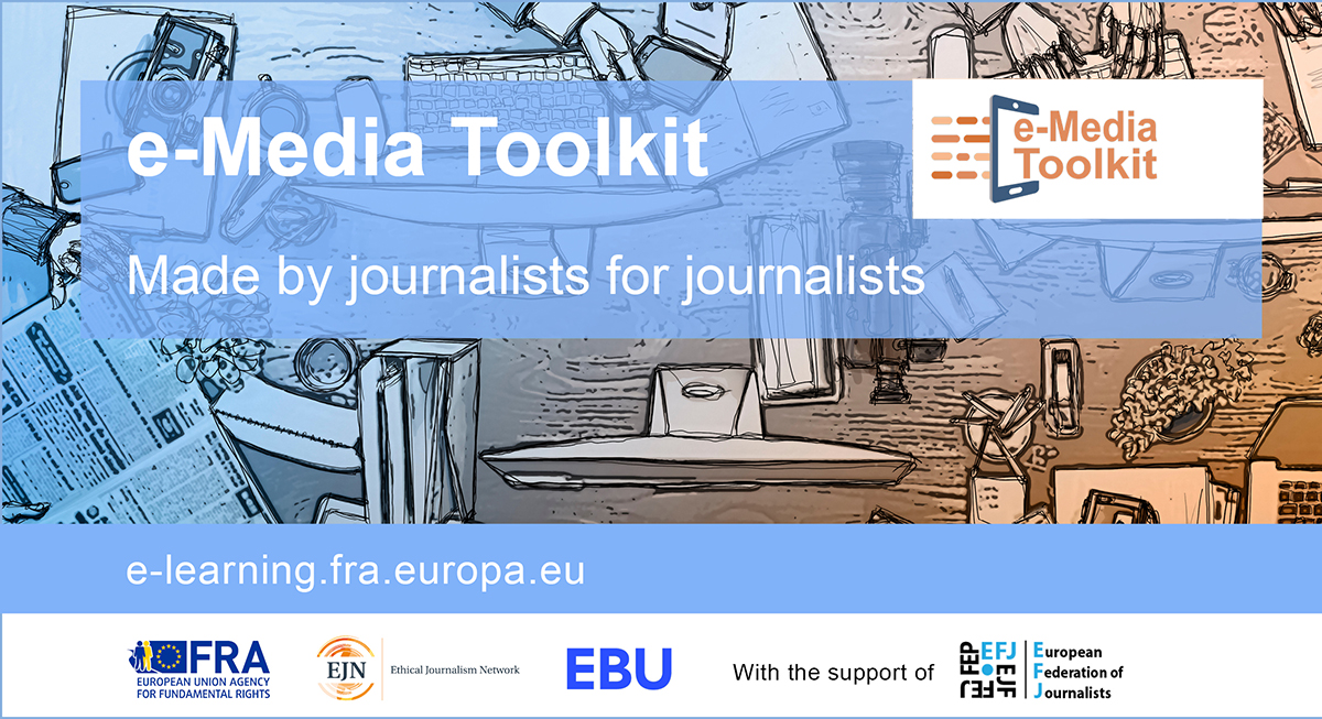 e-Media Toolkit - Hand-drawn images showing different scenes from the field of journalism