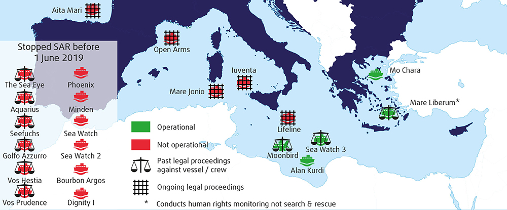 Map showing NGO ships involved in SAR operations in the Mediterranean Sea between 2016-1 June 2019