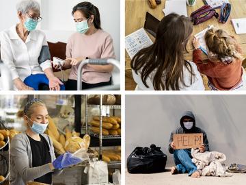 Old woman being treated, home schooling, woman with mask serving in a shop, homeless man