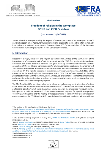 Freedom of religion in the workplace  ECtHR and CJEU Case-Law - Joint factsheet - Cover