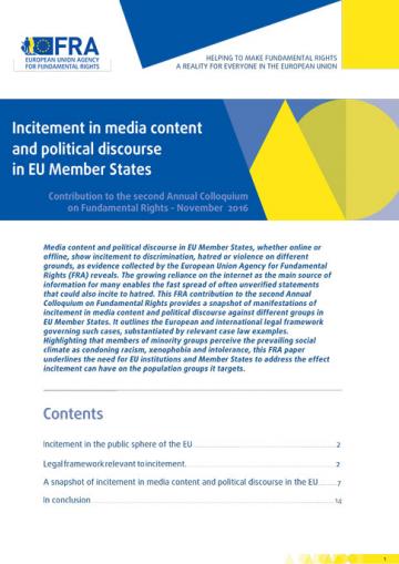 Incitement In Media Content And Political Discourse In Member States Of The European Union European Union Agency For Fundamental Rights