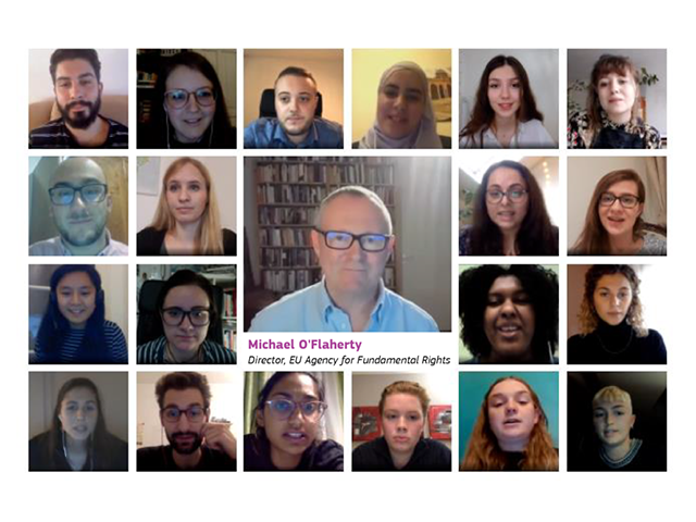 FRA Director, Michael O'Flaherty surrounded by young people online