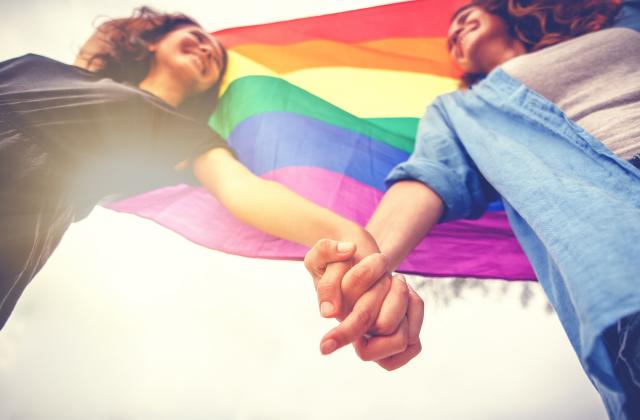 Two women holding hands against the backdrop of the rainbow flag.