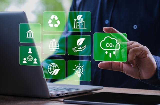 ESG concept, Businessman using digital interface on laptop with environmental, social, and governance icons, sustainability strategy, corporate responsibility