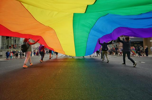Rainbow flag being carried down a street