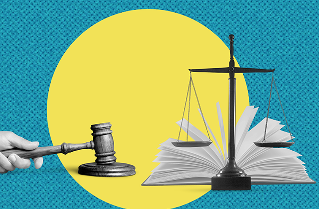 Creative collage of law and justice, gavel and scales