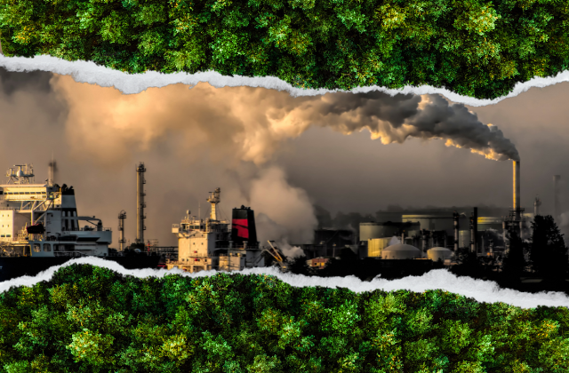 Industry smoking chimneys with forest overlay.