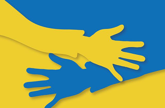 Hands crossing in Ukrainian colours