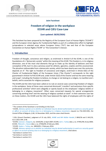 Freedom of religion in the workplace  ECtHR and CJEU Case-Law - Joint factsheet - Cover