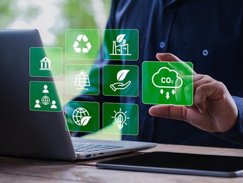 ESG concept, Businessman using digital interface on laptop with environmental, social, and governance icons, sustainability strategy, corporate responsibility